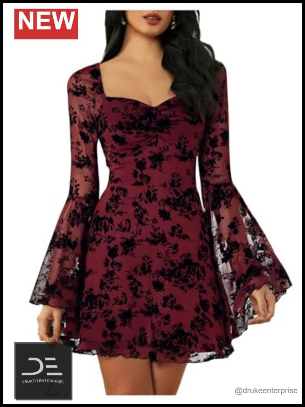 Gothic Floral Jacquard Mesh Dress Long Sleeve Sweetheart A-Line